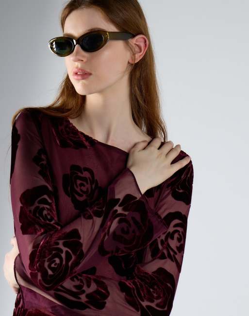 Glamorous Print long sleeve midi dress in burgundy devore, 3 of 4