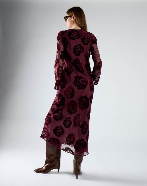 Glamorous Print long sleeve midi dress in burgundy devore, 4 of 4