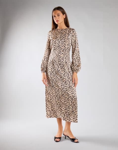 Glamorous Print long sleeve midi dress in natural white leopard - view 1
