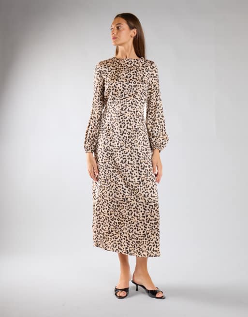 Glamorous Print long sleeve midi dress in natural white leopard, 4 of 4