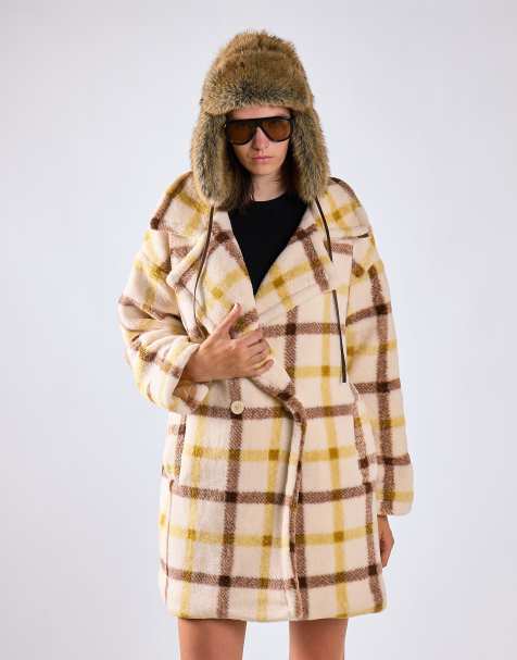 Glamorous Print teddy coat in cream yellow brown check - view 1
