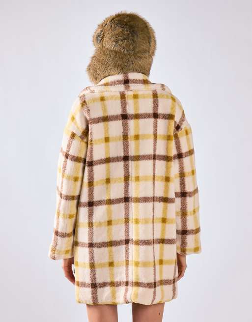 Glamorous Print teddy coat in cream yellow brown check, 3 of 4