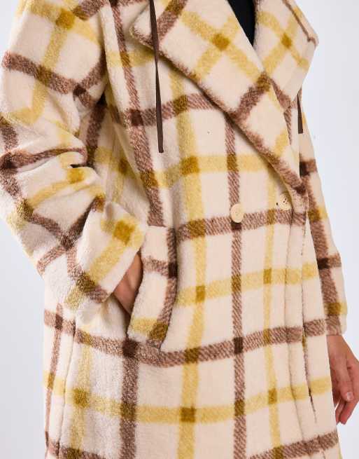 Glamorous Print teddy coat in cream yellow brown check, 4 of 4