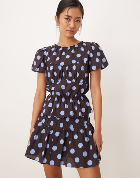 Glamorous puff sleeve blouse with ruffle detailing in brown blue polka dot - part of a set - view 1