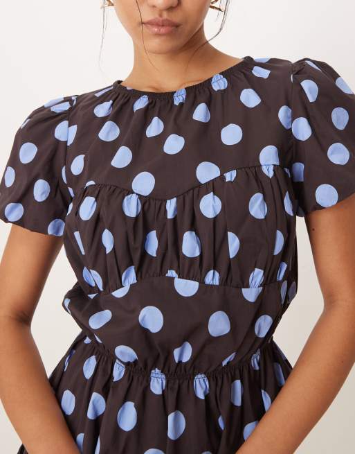 Glamorous puff sleeve blouse with ruffle detailing in brown blue polka dot - part of a set, 3 of 4