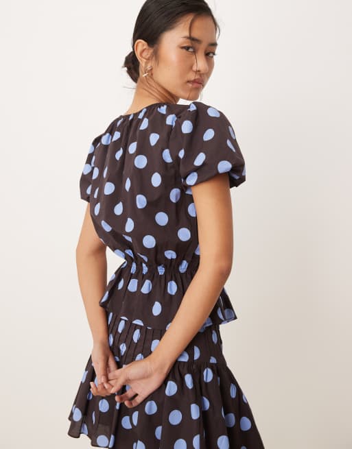 Glamorous puff sleeve blouse with ruffle detailing in brown blue polka dot - part of a set, 4 of 4