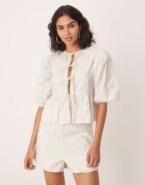Glamorous puff sleeve bow tie up blouse in white blue brown stripe (part of a set) - view 1