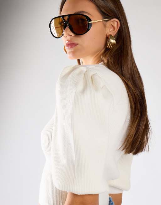 Glamorous Puff sleeve crop jumper in off white, 4 of 4
