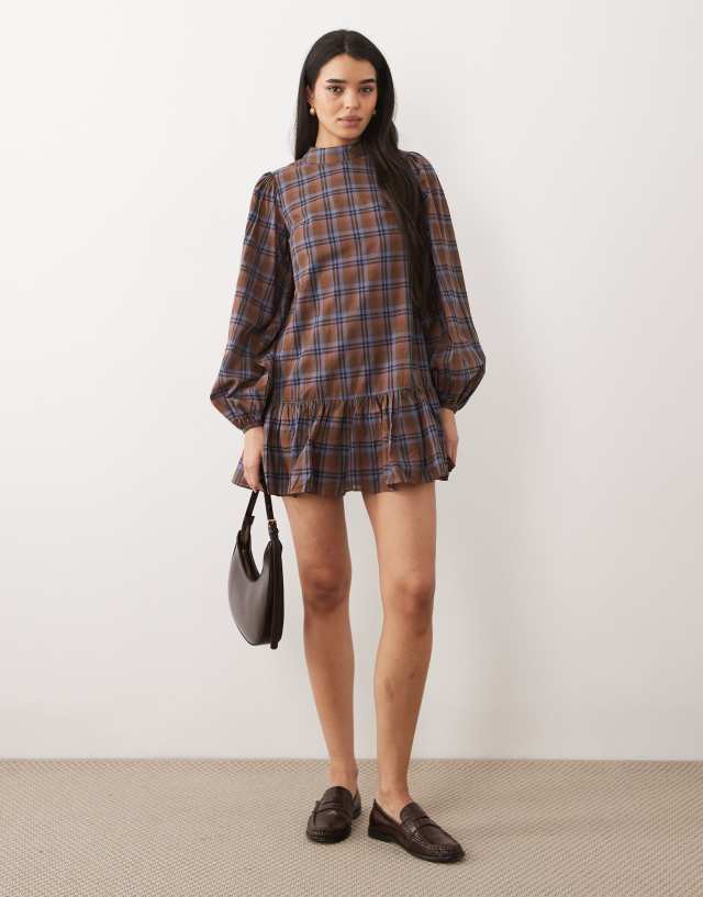 blue and brown plaid dress Glamorous puff sleeve high neck mini in Parina | Powder Blue comfortable fit 3/4 Calf Width:18.5 in MATRIXIFYWK162026