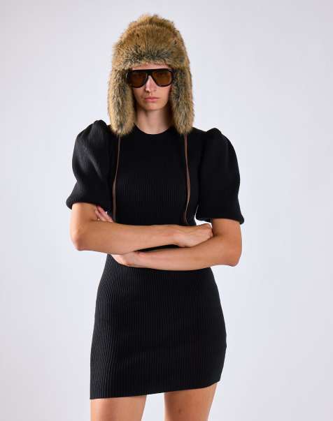 Glamorous Puff-sleeve knitted mini-dress in black - view 1
