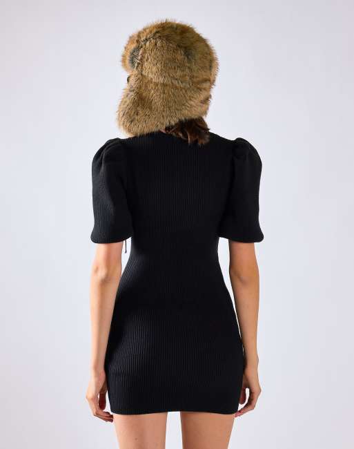 Glamorous Puff-sleeve knitted mini-dress in black, 3 of 4