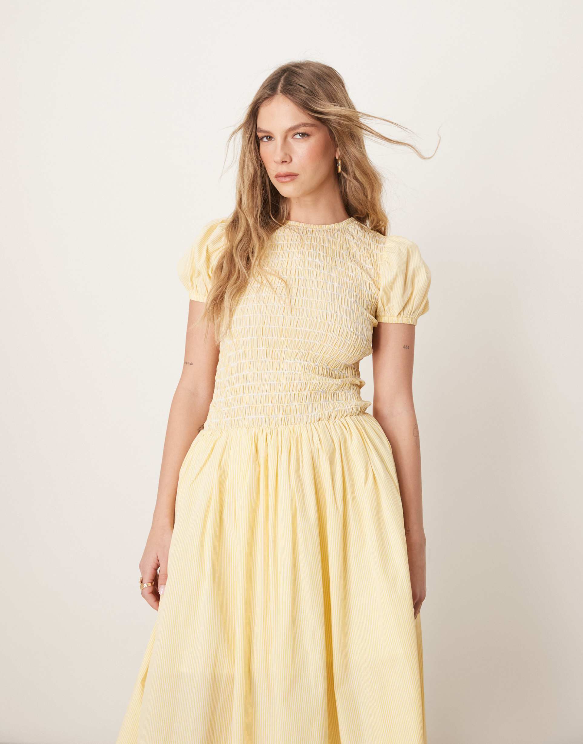 glamorous puff sleeve midaxi dress in yellow stripe