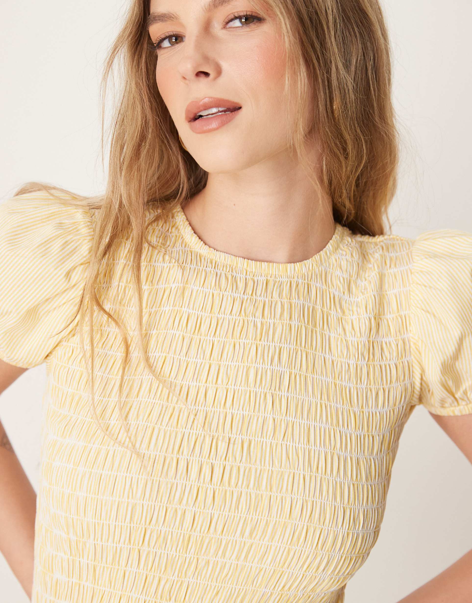 glamorous puff sleeve midaxi dress in yellow stripe