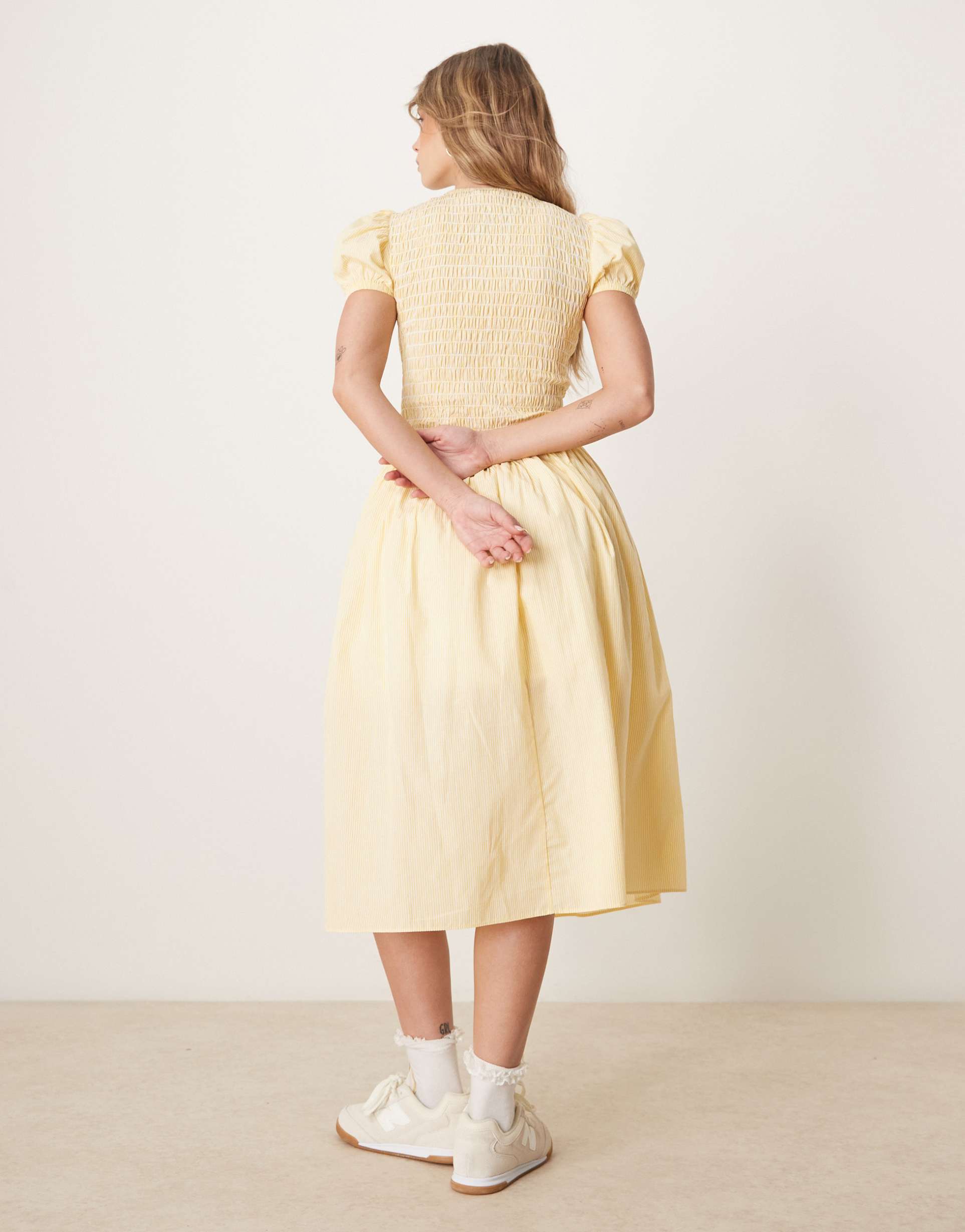 glamorous puff sleeve midaxi dress in yellow stripe