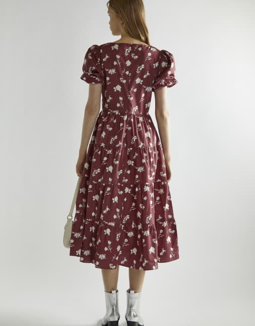 Glamorous Puff sleeve midi dress in burgundy floral, 2 of 4