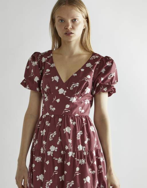 Glamorous Puff sleeve midi dress in burgundy floral, 3 of 4