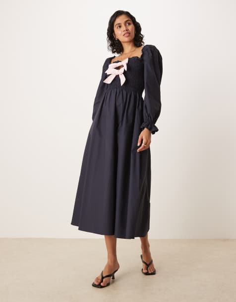Glamorous puff sleeve midi dress with bow tie front in navy - view 1