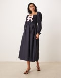 [Glamorous] Glamorous puff sleeve midi dress with bow tie front in navy 8 NAVY