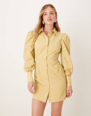 asos Glamorous Puff Sleeve Mini Shirt Dress in citron