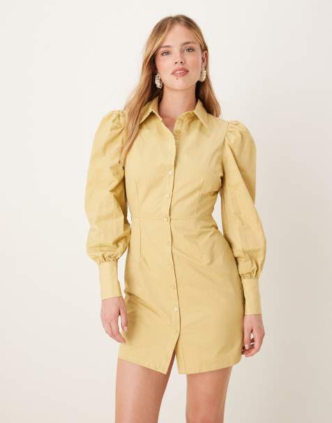 Glamorous Puff Sleeve Mini Shirt Dress in citron