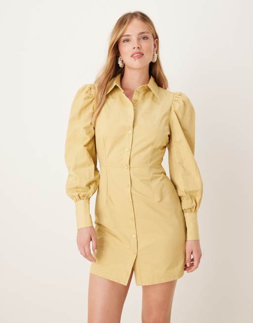 Glamorous Puff Sleeve Mini Shirt Dress in citron