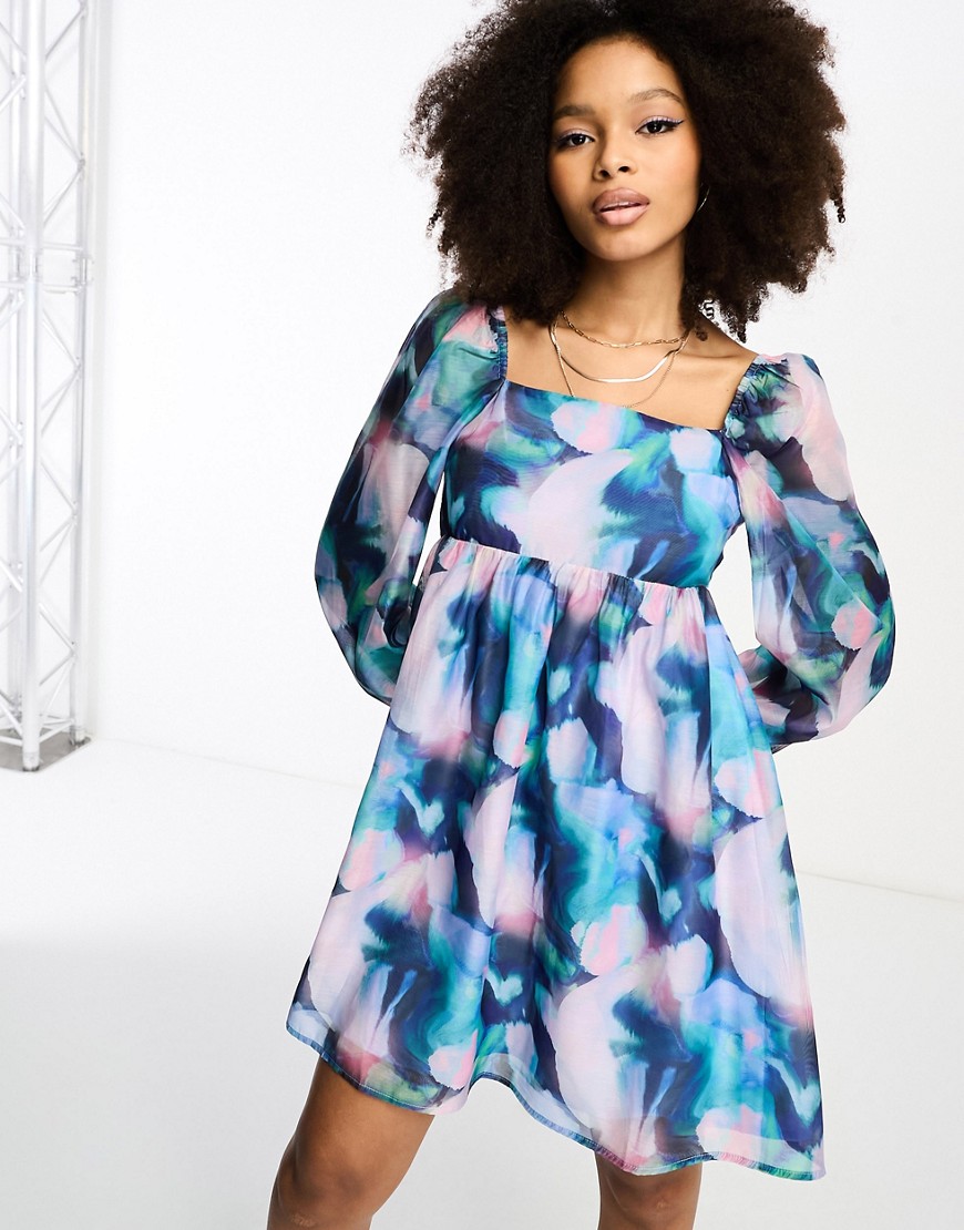 Glamorous puff sleeve mini smock dress with bow back in blue floral organza-Multi