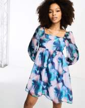 Miss Selfridge poplin babydoll smock dress in large floral | ASOS