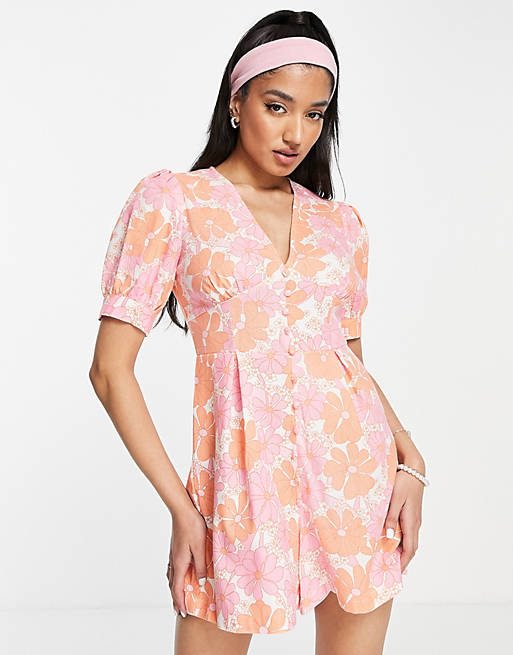 Glamorous puff sleeve playsuit in 60s retro floral