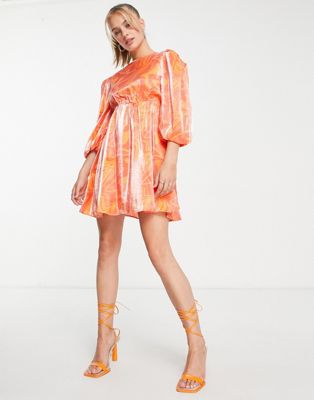 Glamorous Puff Sleeve Pleated Mini Smock Dress In Orange Marble Satin-white