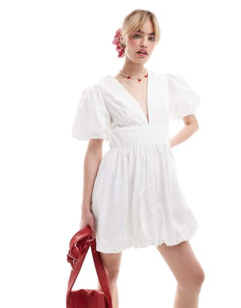 Glamorous puff sleeve plunge fron mini dress in white - view 1