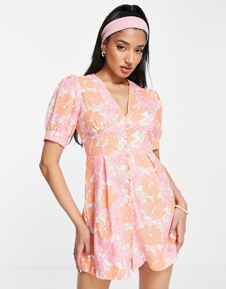 Glamorous puff sleeve romper in 60s retro floral-Pink