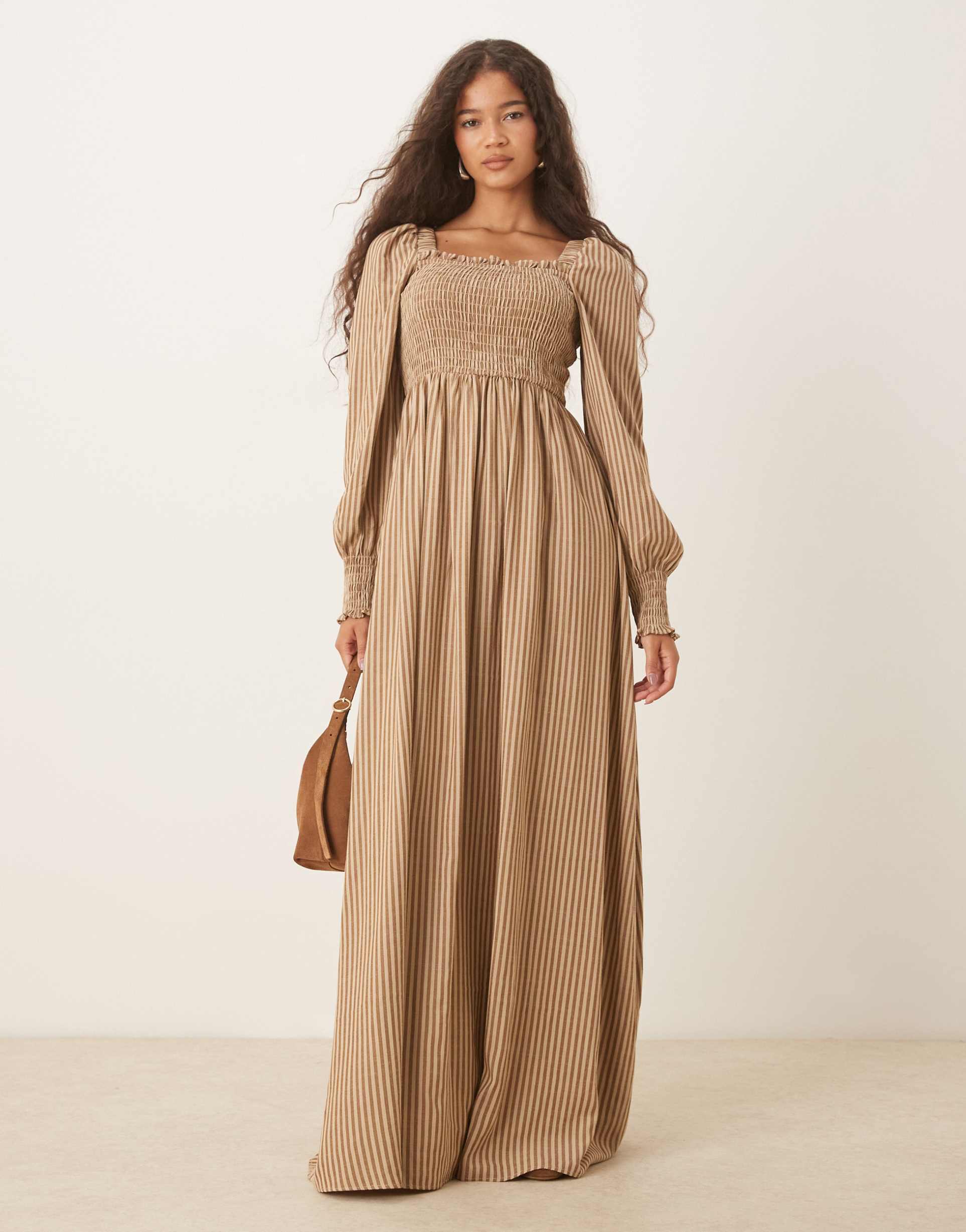 glamorous puff sleeve shirred bodice maxi dress in brown mix stripe