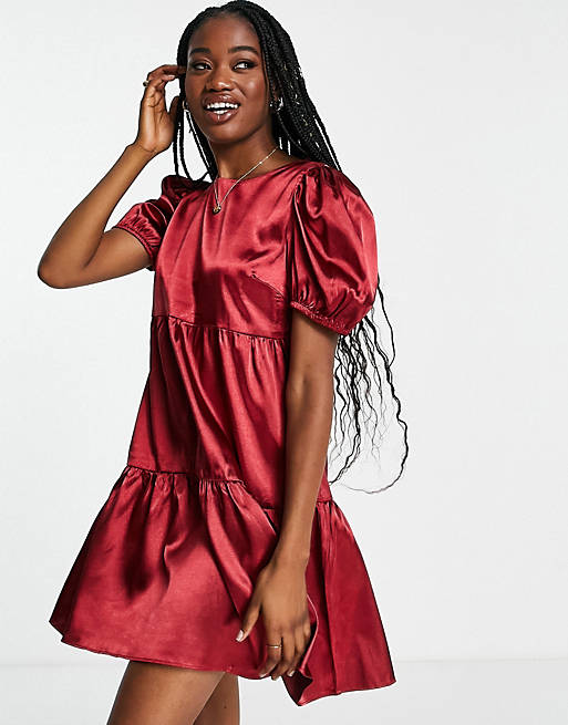 Glamorous puff sleeve smock dress in burgundy satin