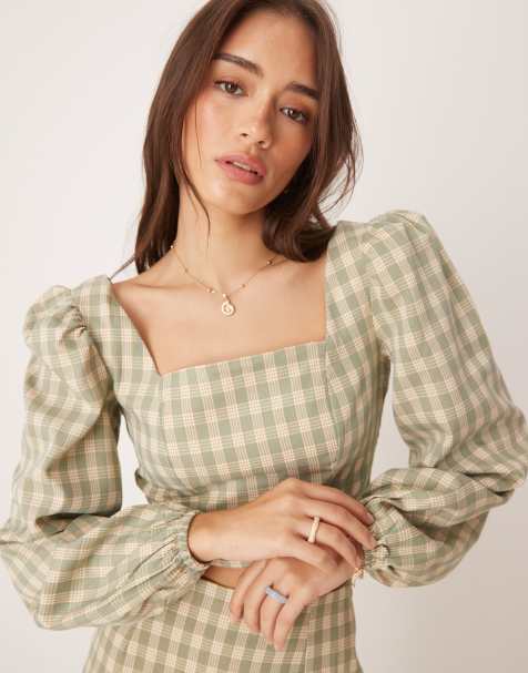 Glamorous Puff sleeve square neck crop top in turquoise multi check - view 1