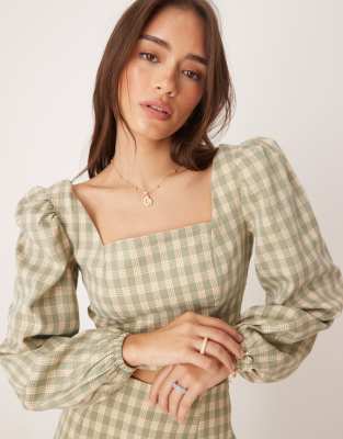 Glamorous Puff sleeve square neck crop top in turquoise multi check