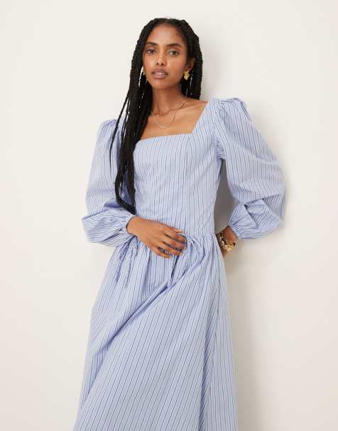 Glamorous puff sleeve square neck maxi dress in blue stripe - view 1