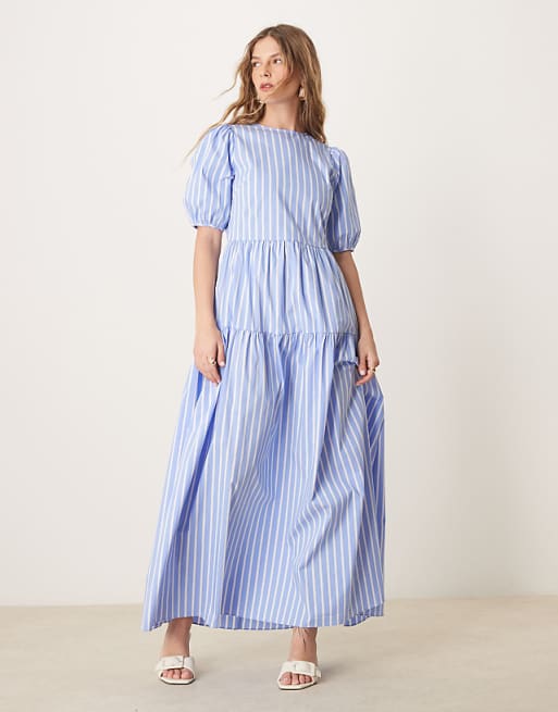 blue and white dress with sleeves Aminah Puff Sleeve Hand washable and machine washable White Floral Print Blue Floral