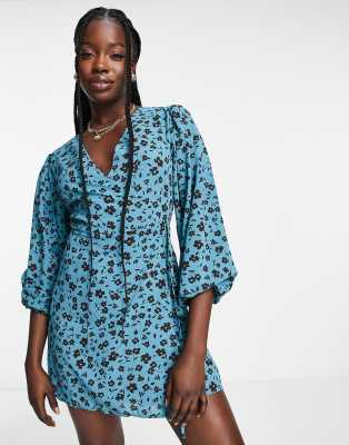 Glamorous puff sleeve wrap dress in blue brown floral