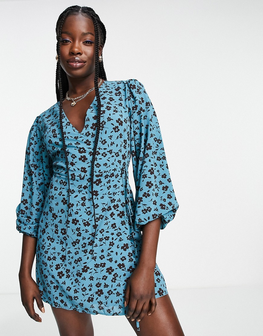 Glamorous Puff Sleeve Wrap Dress In Blue/brown Floral-blues