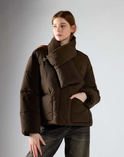 Glamorous Puffer jacket with scarf in deep khaki - view 1
