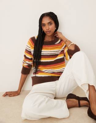Pull baggy oversize en maille à rayures - Marron et orange-Multicolore 44