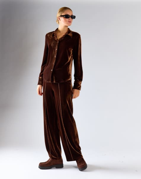 Glamorous Pull on wide leg trousers in brown velvet - view 1