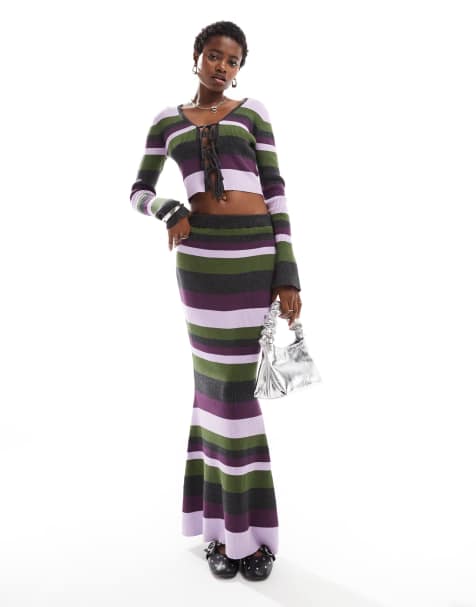 Glamorous purple green stripe knit co-ord - view 1
