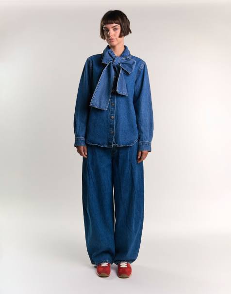 Glamorous Pussy bow blouse in true blue denim