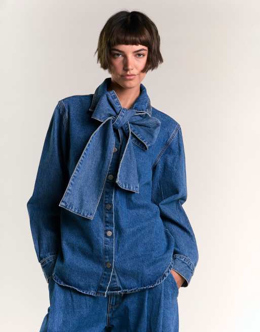 Glamorous Pussy bow blouse in true blue denim, 3 of 4