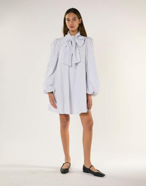 Glamorous Pussy bow mini dress in white blue ticking - view 1