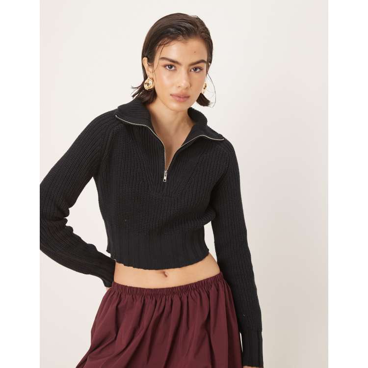 Glamorous Quarter zip crop ribbed-jumper in black | ASOS