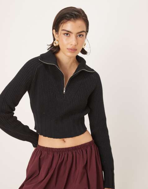 Glamorous Quarter zip crop ribbed-jumper in black