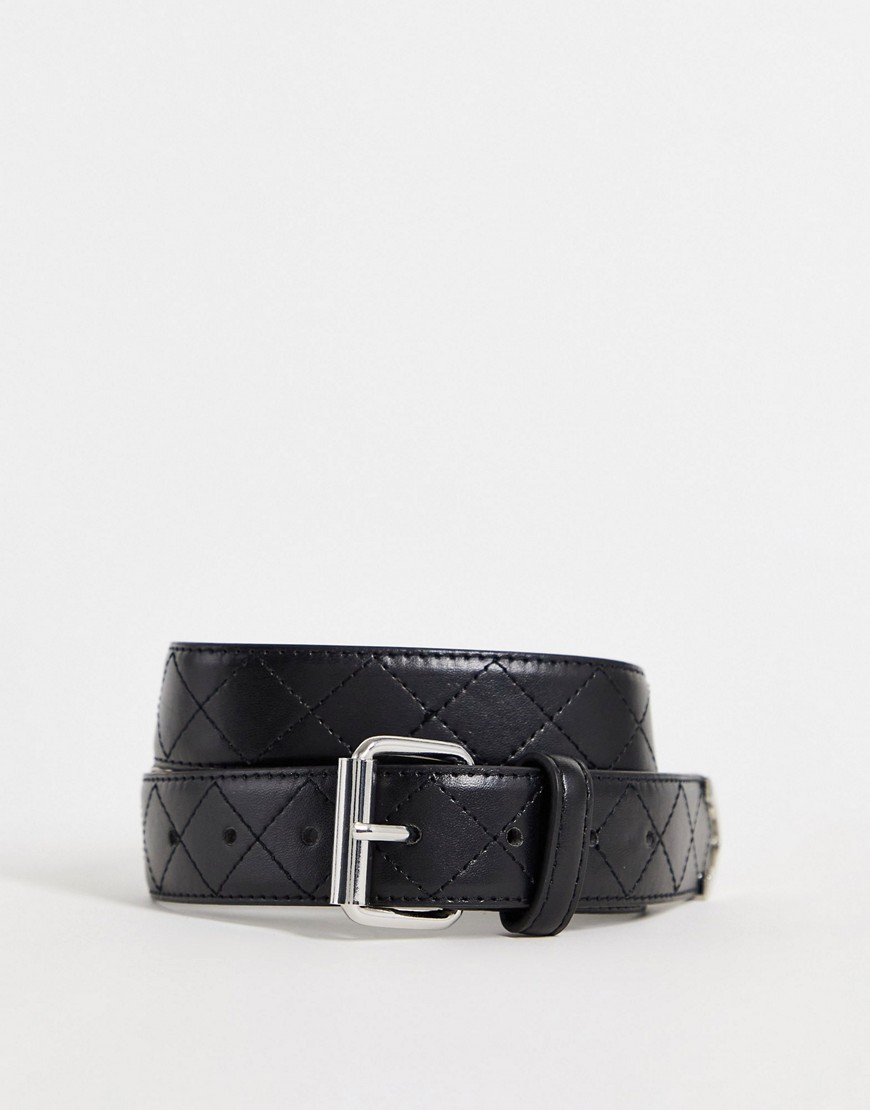 Glamorous Curve Quilted Belt With Silver Hardwear In Black