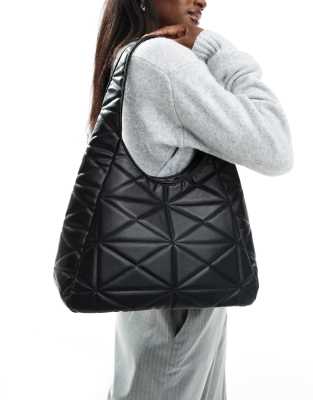 quilted textured shoulder tote bag in black